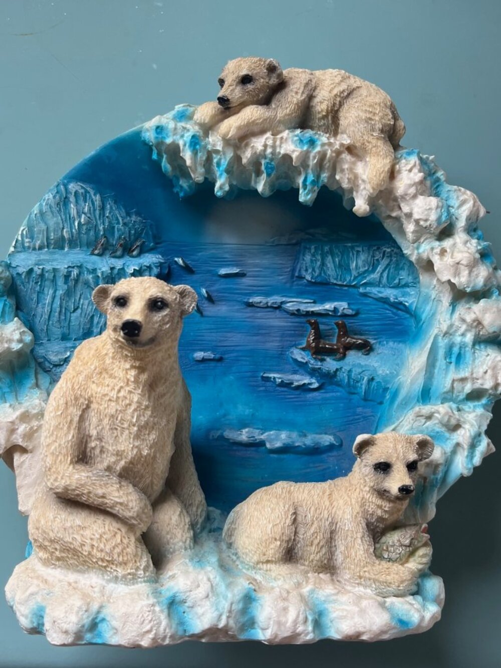 Vintage 3D Polar Bear Family Figurine Ice Cave Sculpture